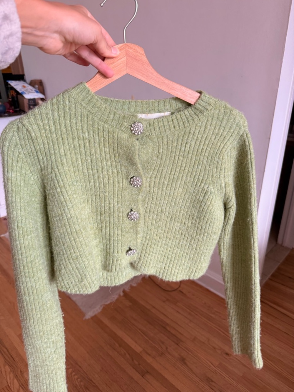 Mango Light Green Cropped Button Ribbed Cardigan - Picture 4 of 5